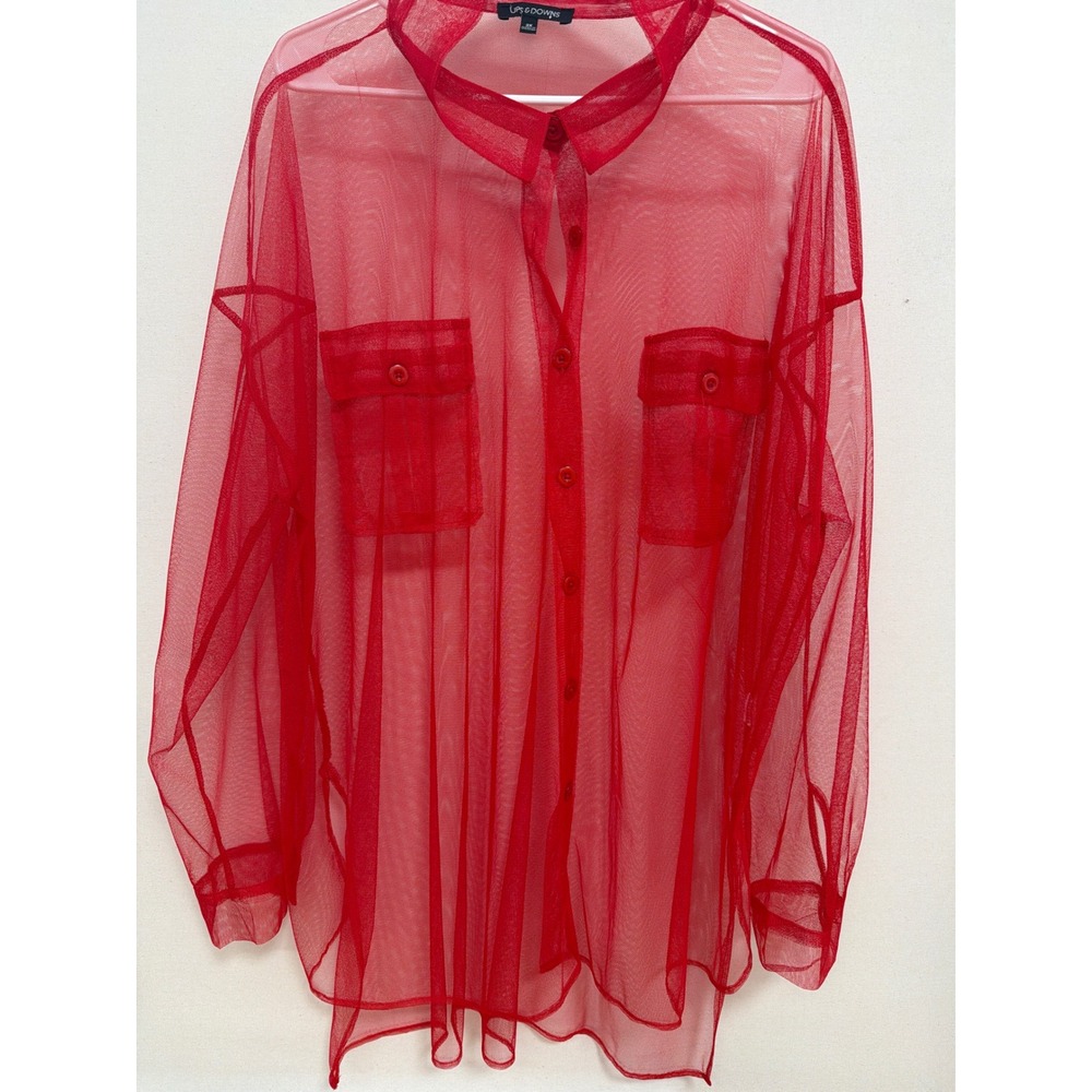 Ups & Downs Red Sheer Mesh Button Down Shirt Oversized 3X Long Sleeve Pockets